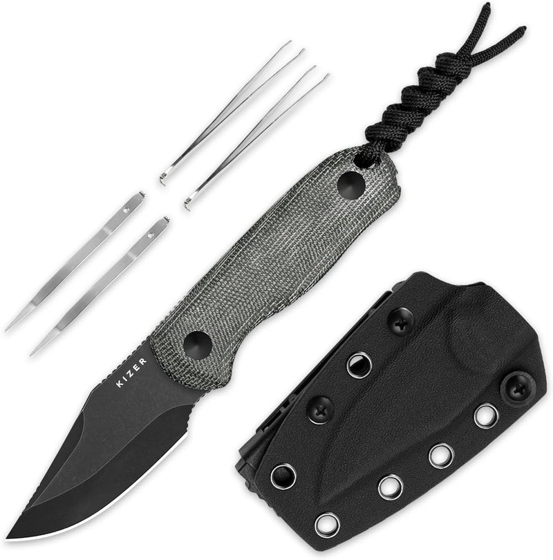 KIZER Drop Bear Fixed Blade Knife, 2.6" AEB-L Black Stonewash Blade EDC Camping Knife with Black Micarta Handle & Hidden Tools, Full Tang Hunting Survival Knives with Adjustable Kydex Sheath, 1092A1 - Image 1